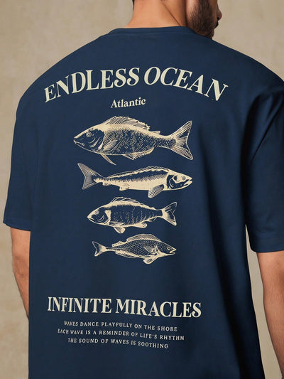 HIMLAND Men's Casual Round Neck Short Sleeve T-Shirt With Fish & Letter Print On Back, Vacation, Father's Day Gifts